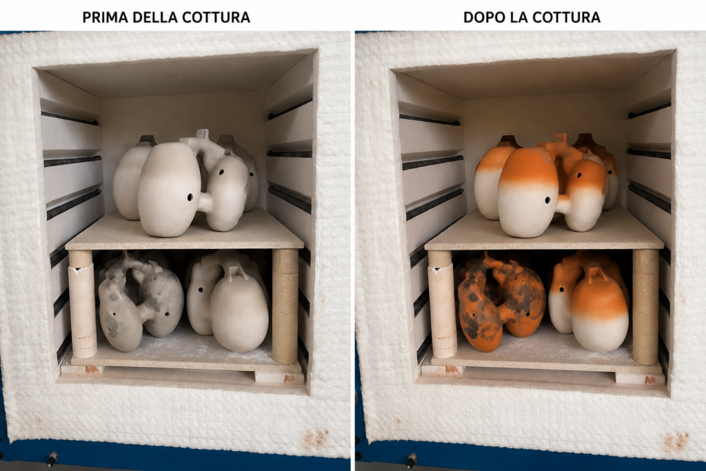 una foto confronto di prima e dopo la cottura di una huaca. si vede come la terra ha cambiato colore