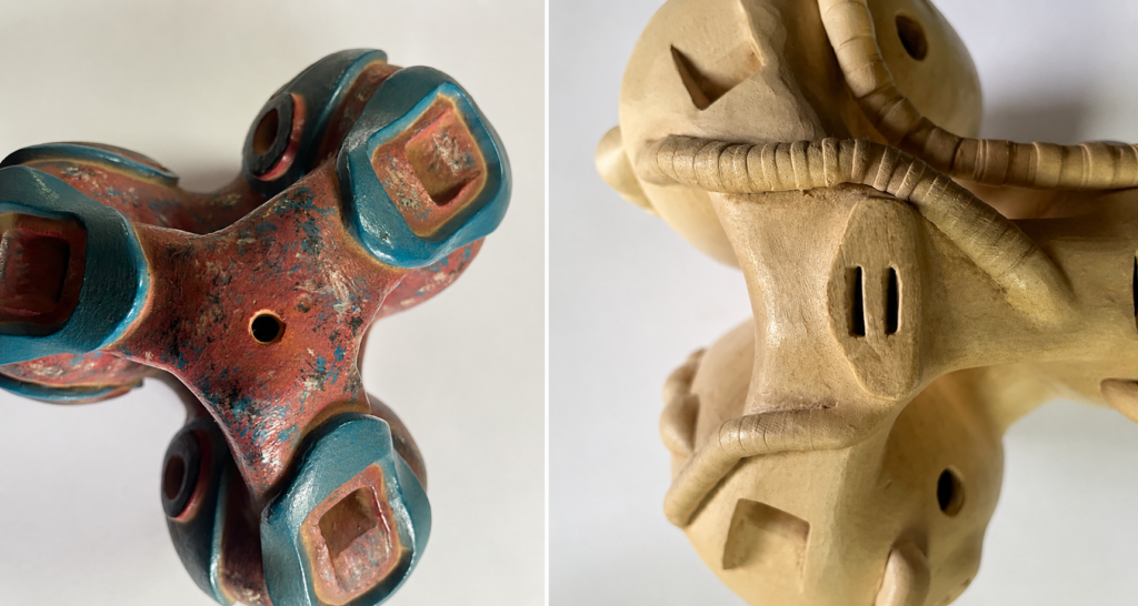 foto di due diverse imboccature della huaca. a sinistra foro singolo a destra canale doppio